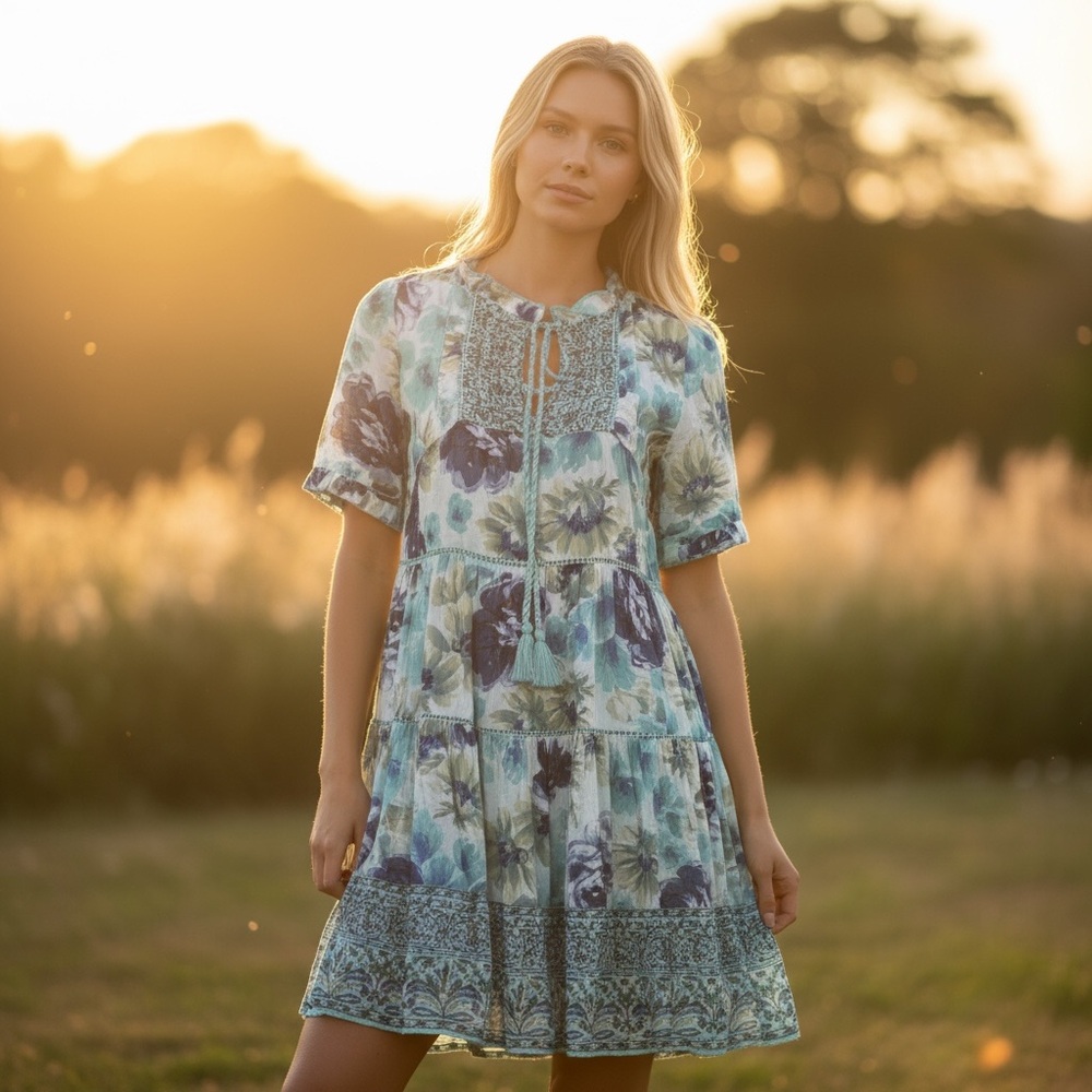 SUNDANCE Fields of‎ Beauty Floral Turquoise Boho 100% Cotton Dress XS - Picture 2 of 16
